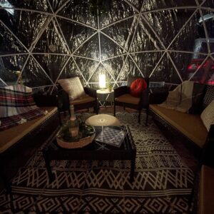 a living room filled with furniture and a lamp in an outdoor igloo
