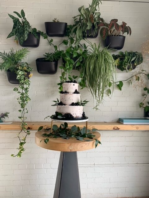 a table topped with a cake covered in plants